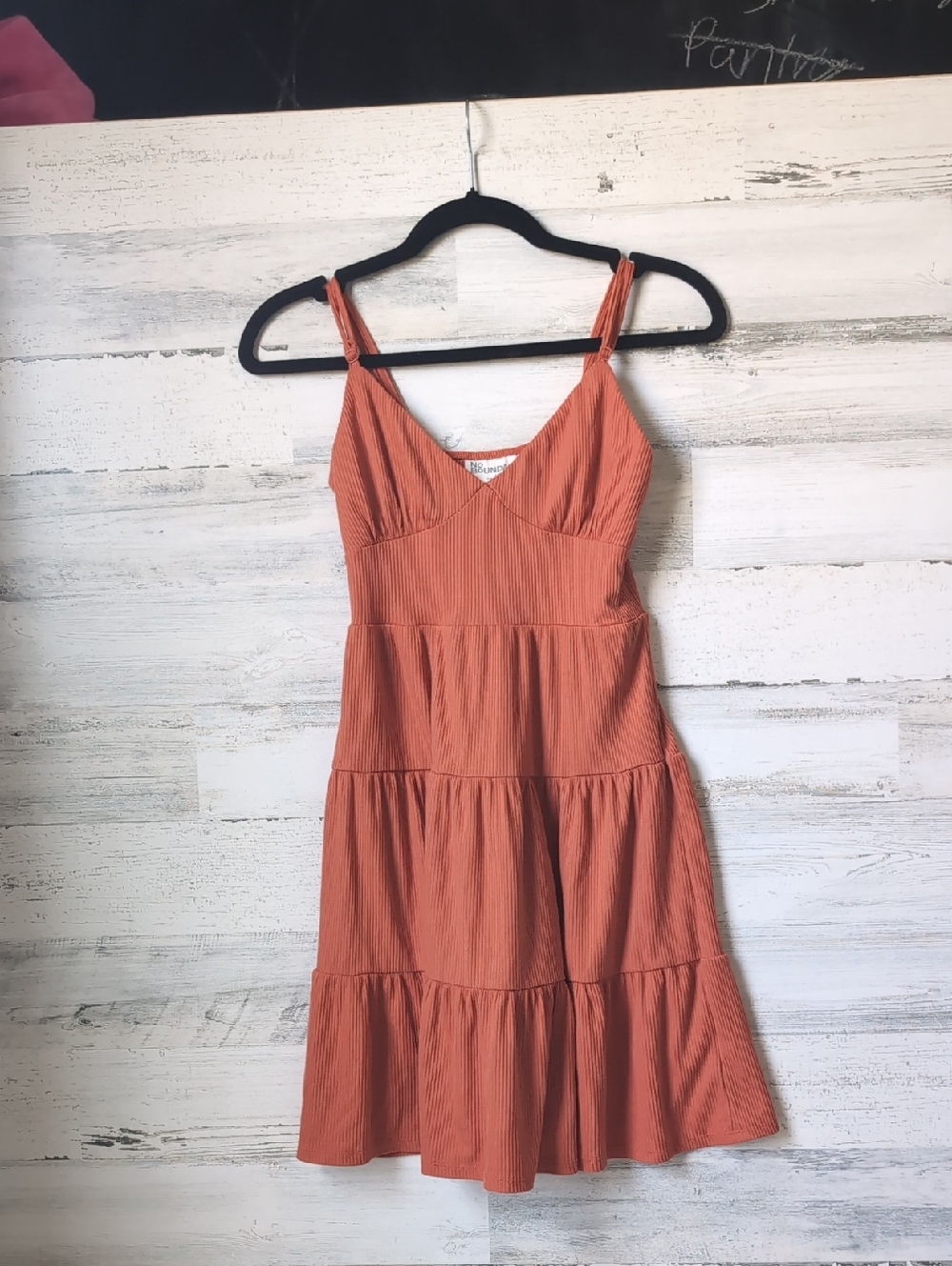 No Boundaries Rust-Orange Tiered Spaghetti Strap Midi Dress